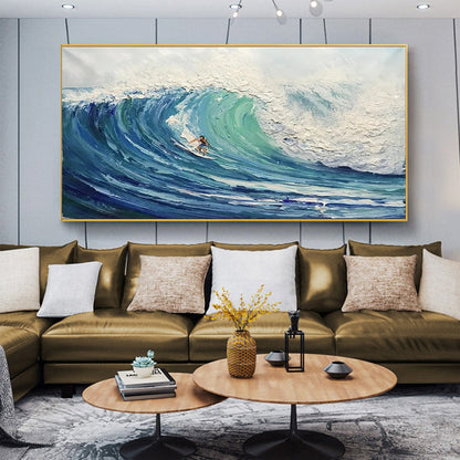 Dynamic Ocean Wave Surfer Oil Painting for Coastal Home Decor