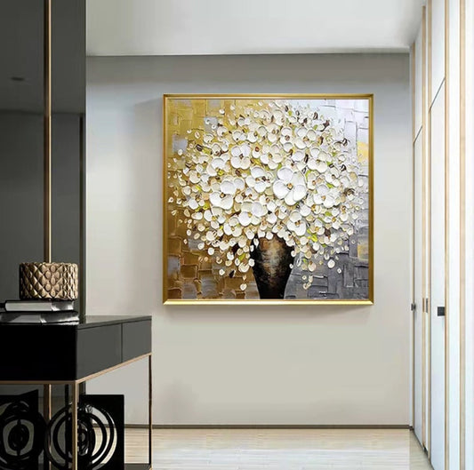 Elegant White Floral Oil Painting with Gold Accents for Home Decor