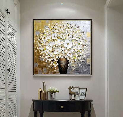 Elegant White Floral Oil Painting with Gold Accents for Home Decor