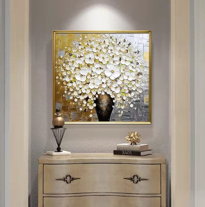 Elegant White Floral Oil Painting with Gold Accents for Home Decor