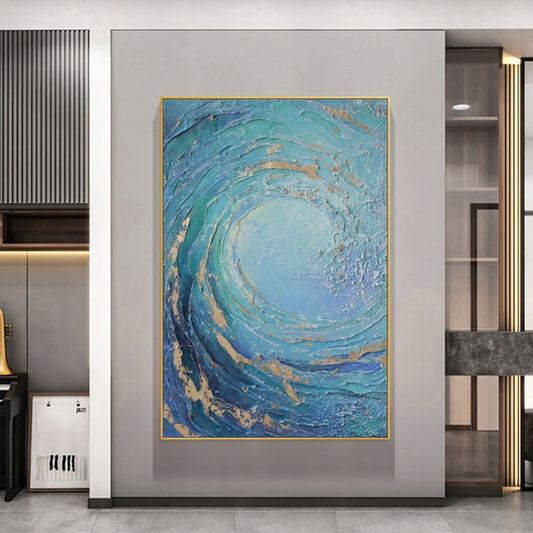 Captivating Ocean Wave Oil Painting in Serene Blue Tones with Golden Accents