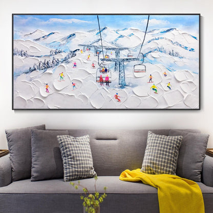 Charming Alpine Ski Resort Landscape Oil Painting