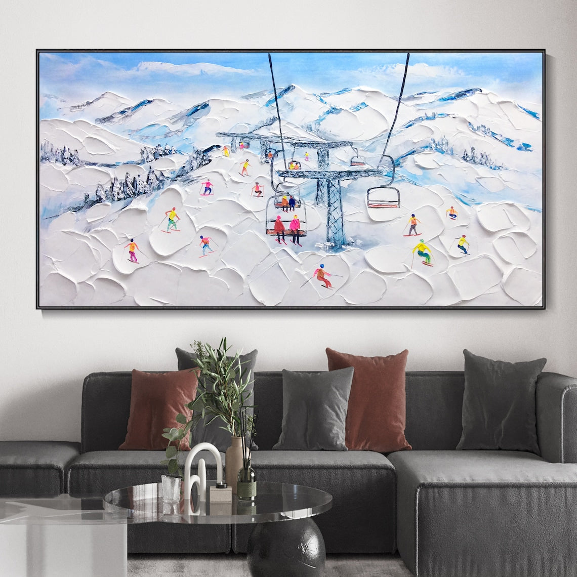 Charming Alpine Ski Resort Landscape Oil Painting