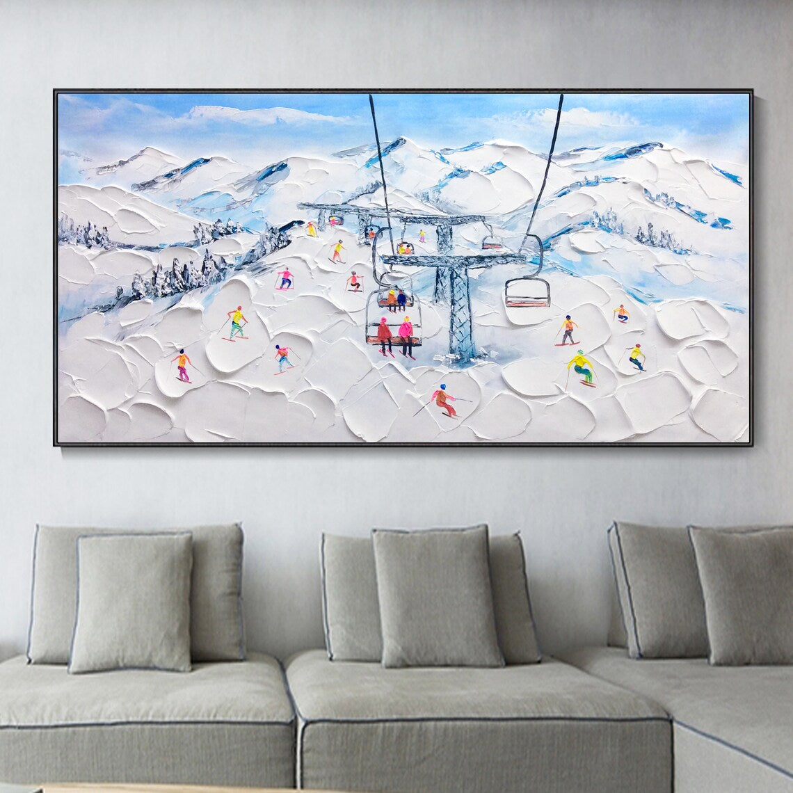 Charming Alpine Ski Resort Landscape Oil Painting