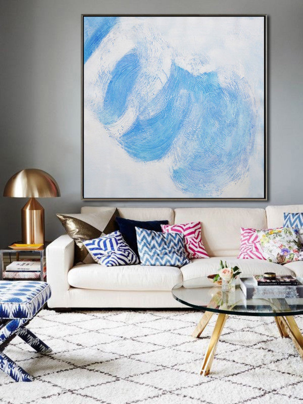 Serene Blue Waves: Abstract Oil Painting for Modern Home Decor