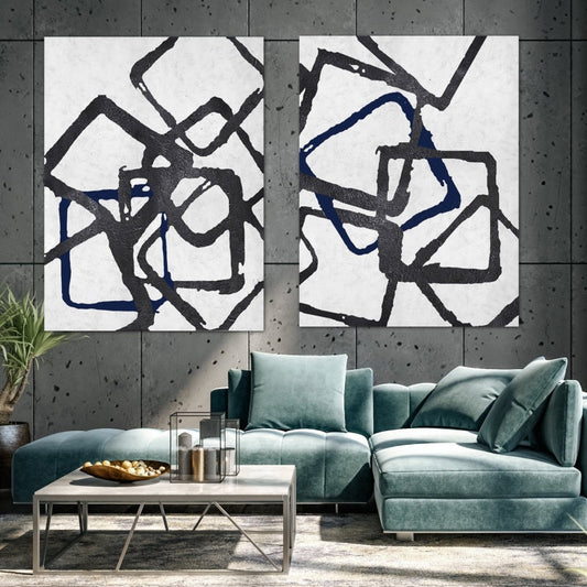 Modern Abstract Oil Painting with Intertwined Geometric Shapes in Black and Blue