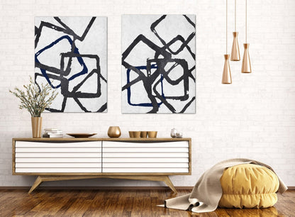 Modern Abstract Oil Painting with Intertwined Geometric Shapes in Black and Blue