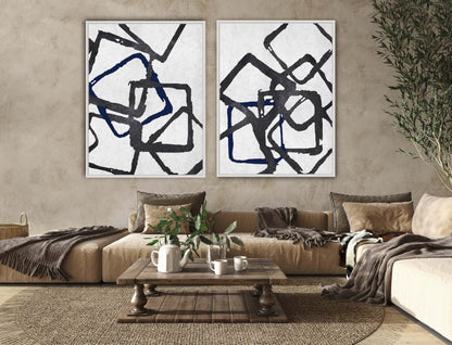 Modern Abstract Oil Painting with Intertwined Geometric Shapes in Black and Blue
