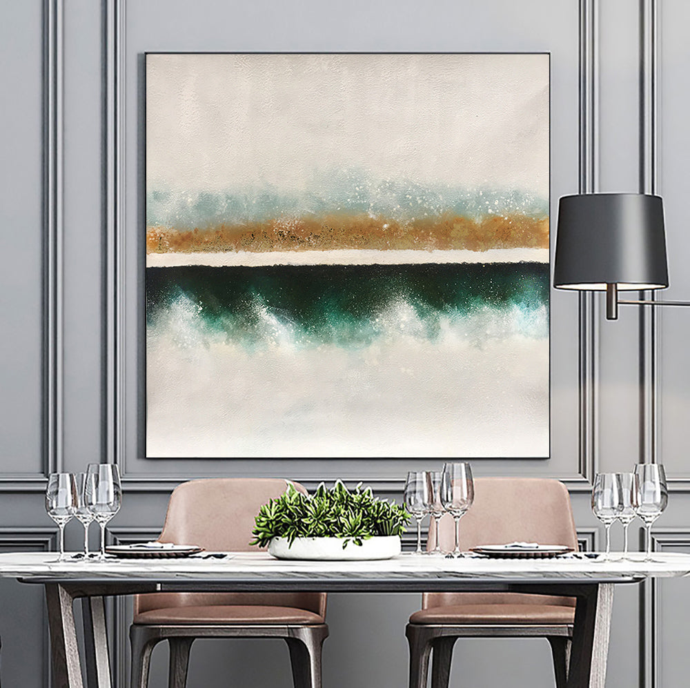 Serene Coastal Landscape Oil Painting with Teal and Gold Accents for Home Decor