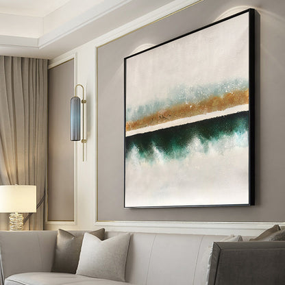 Serene Coastal Landscape Oil Painting with Teal and Gold Accents for Home Decor