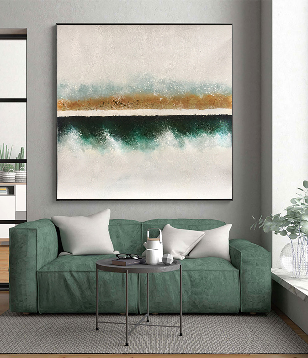 Serene Coastal Landscape Oil Painting with Teal and Gold Accents for Home Decor