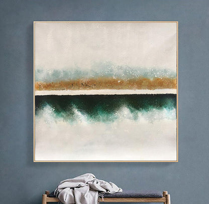 Serene Coastal Landscape Oil Painting with Teal and Gold Accents for Home Decor