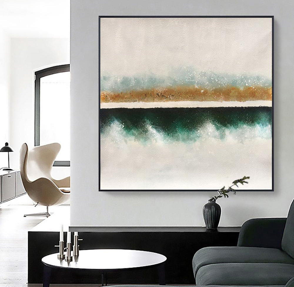 Serene Coastal Landscape Oil Painting with Teal and Gold Accents for Home Decor