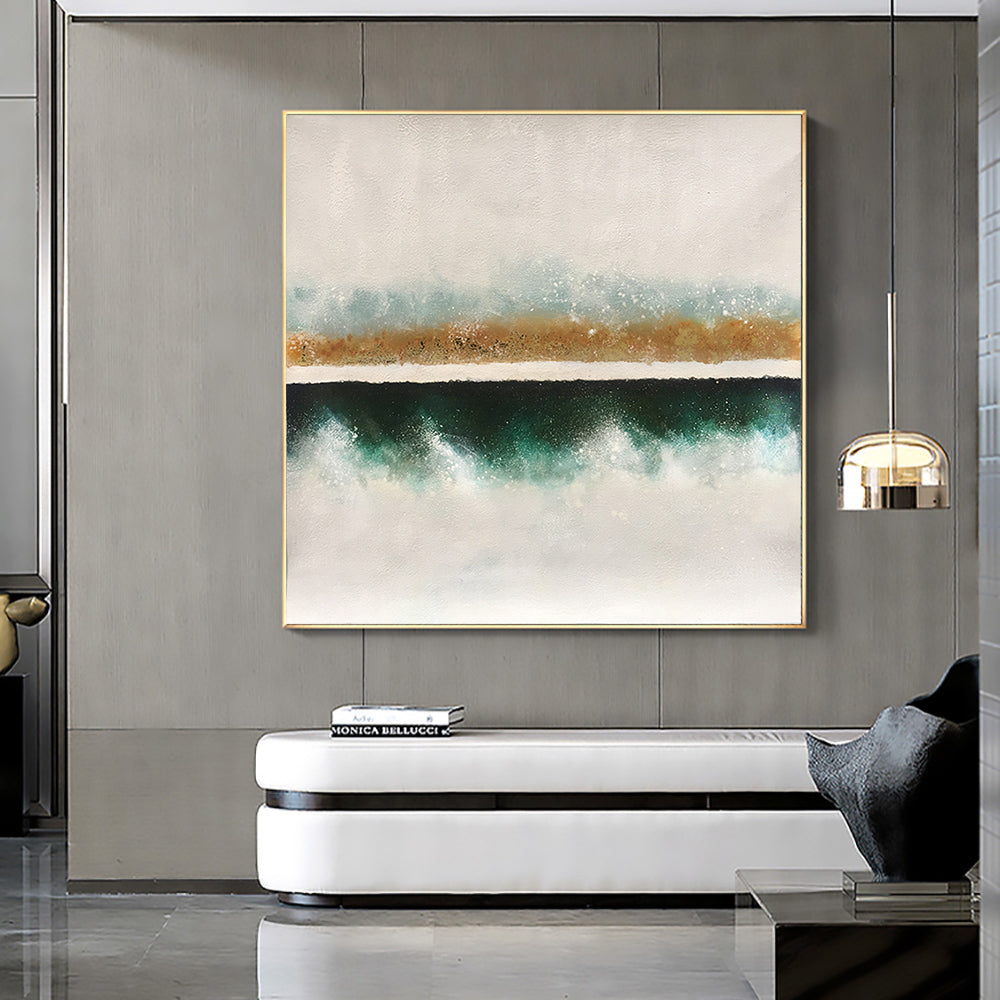 Serene Coastal Landscape Oil Painting with Teal and Gold Accents for Home Decor