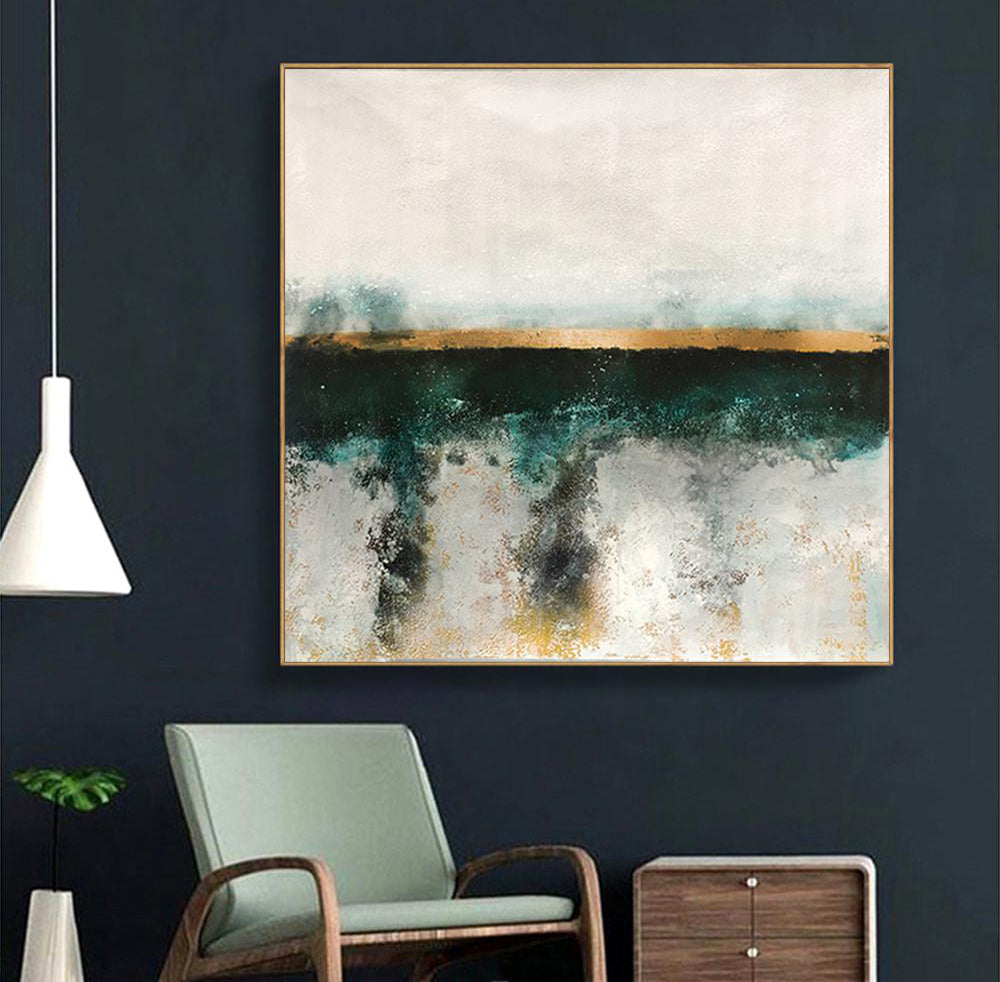 Serene Abstract Landscape with Gold and Teal Accents for Modern Home Decor