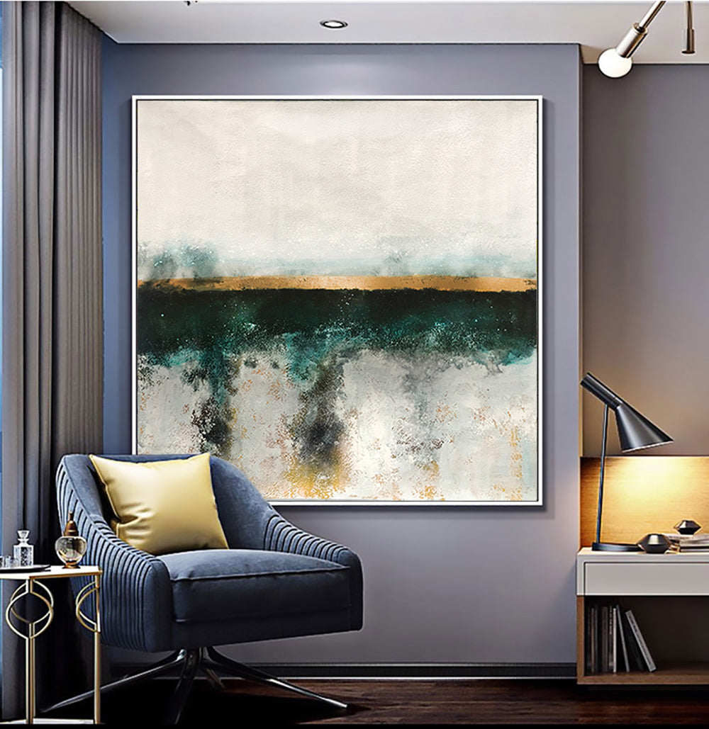 Serene Abstract Landscape with Gold and Teal Accents for Modern Home Decor