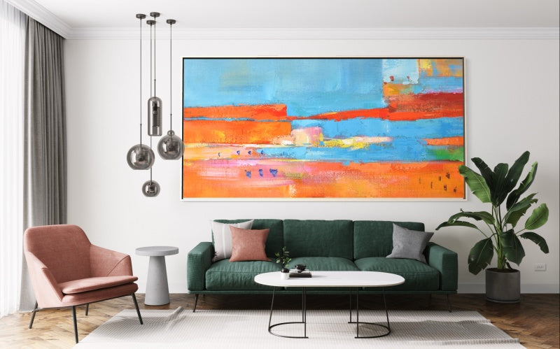 Vibrant Abstract Landscape in Blue and Orange Tones - Stunning Oil Painting for Modern Decor