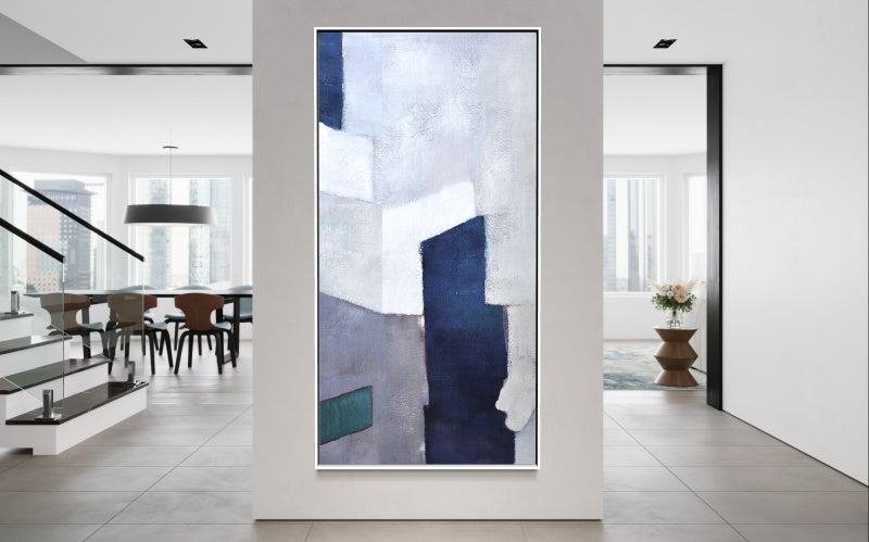 Abstract Coastal Serenity in Elegant Blue and White Oil Painting