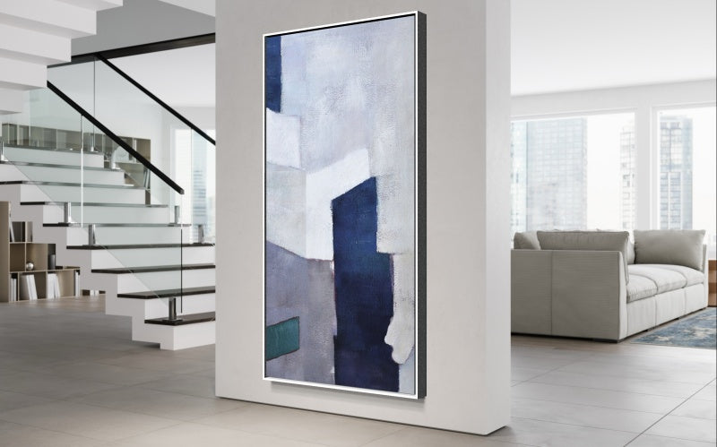 Abstract Coastal Serenity in Elegant Blue and White Oil Painting