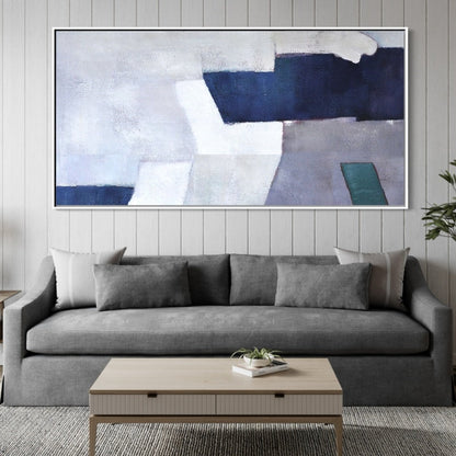 Abstract Coastal Serenity in Elegant Blue and White Oil Painting