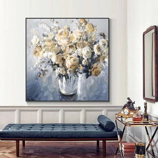 Elegant Wedding Roses in a Glass Vase - Romantic Floral Oil Painting Decor