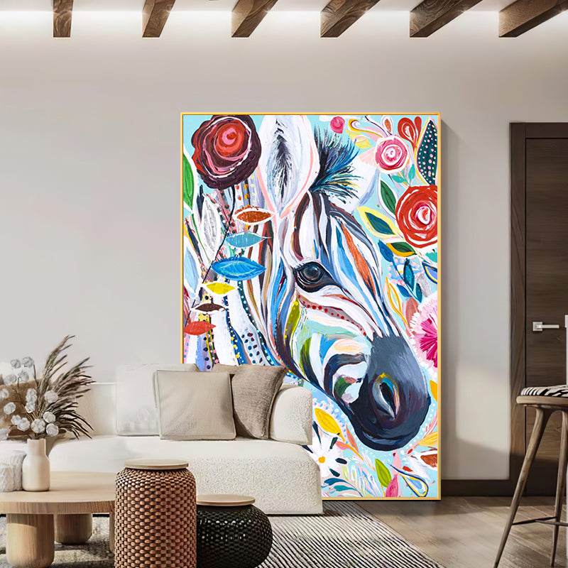 Vibrant Colorful Zebra Oil Painting with Floral Accents for Unique Home Decor
