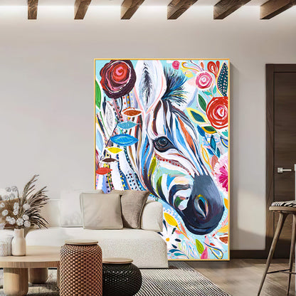 Vibrant Colorful Zebra Oil Painting with Floral Accents for Unique Home Decor