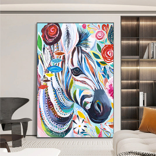 Vibrant Colorful Zebra Oil Painting with Floral Accents for Unique Home Decor