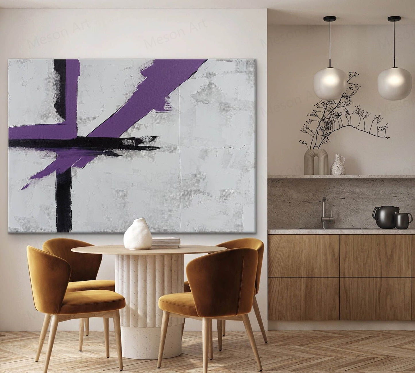 Abstract Purple and Black Minimalist Oil Painting for Modern Decor