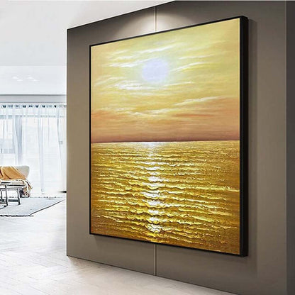 Golden Sunset Over Tranquil Waters - Inviting Oil Painting for Home Decor