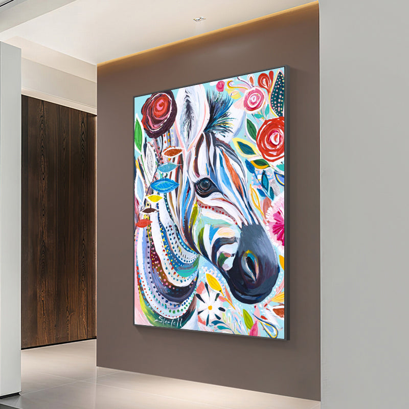 Vibrant Colorful Zebra Oil Painting with Floral Accents for Unique Home Decor