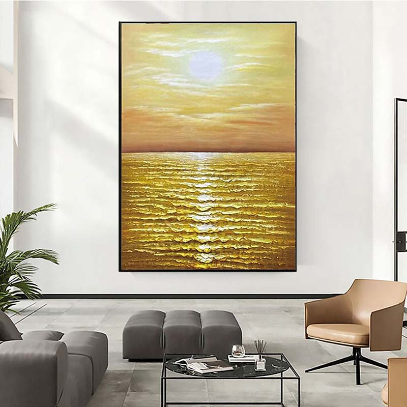 Golden Sunset Over Tranquil Waters - Inviting Oil Painting for Home Decor