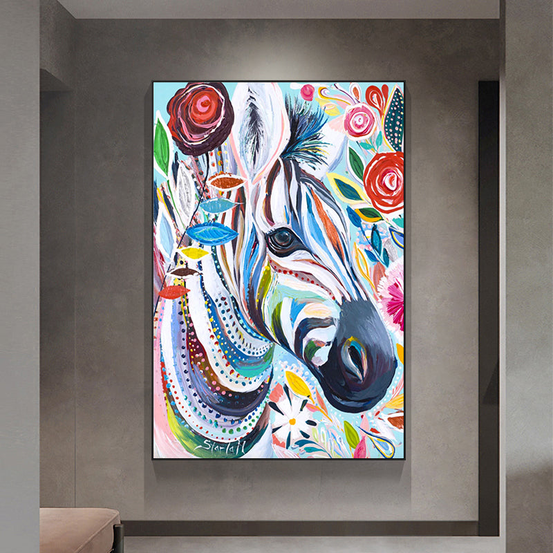 Vibrant Colorful Zebra Oil Painting with Floral Accents for Unique Home Decor
