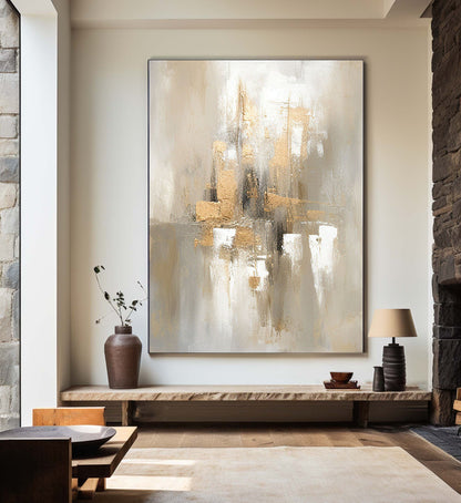 Elegant Grey and Gold Minimalist Oil Painting for Modern Home Decor