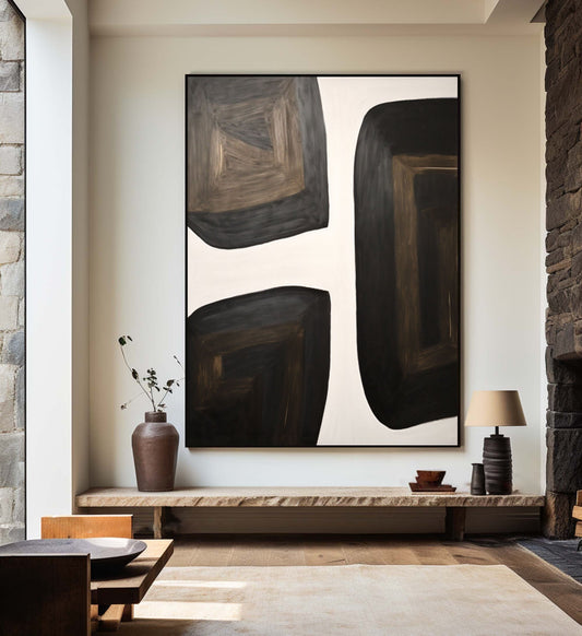 Modern Black and White Geometric Oil Painting for Contemporary Home Decor