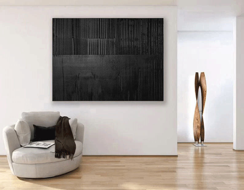 Elegant Black Minimalist Abstract Oil Painting for Modern Interiors