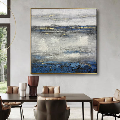 Coastal Serenity: Abstract Blue and Silver Oil Painting for Modern Decor