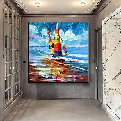 Colorful Sailboat on Vibrant Water - Stunning Oil Painting for Nautical Decor