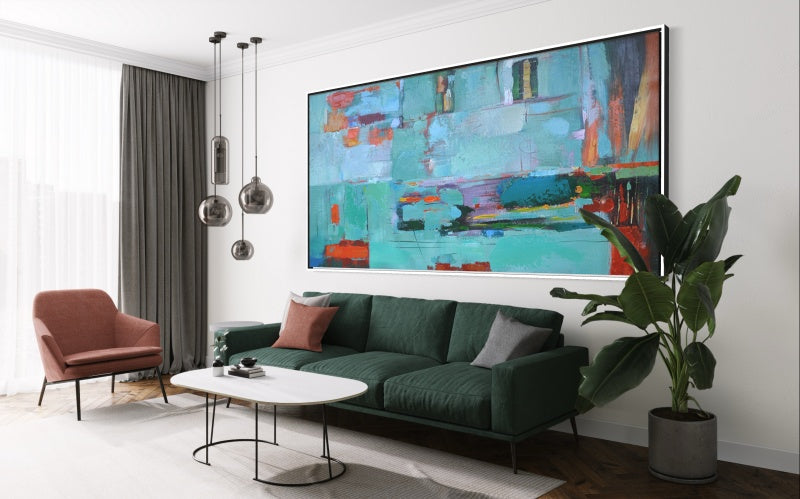 Abstract Serenity in Teal and Orange - Modern Oil Painting for Stylish Decor