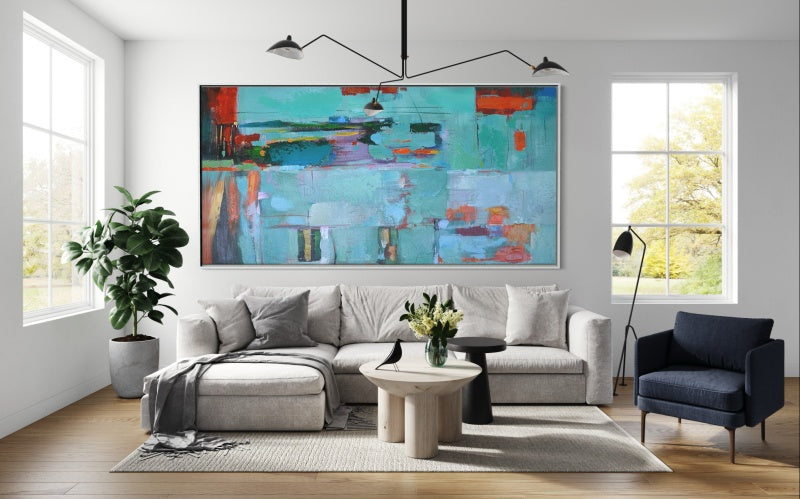 Abstract Serenity in Teal and Orange - Modern Oil Painting for Stylish Decor