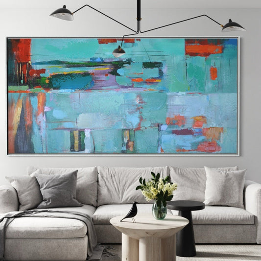 Abstract Serenity in Teal and Orange - Modern Oil Painting for Stylish Decor