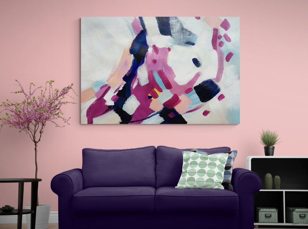 Abstract Oil Painting in Pink and Blue for Modern Home Decor