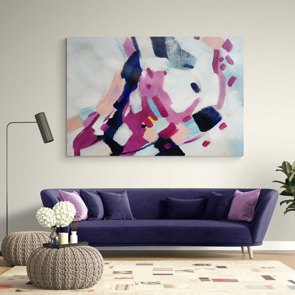 Abstract Oil Painting in Pink and Blue for Modern Home Decor