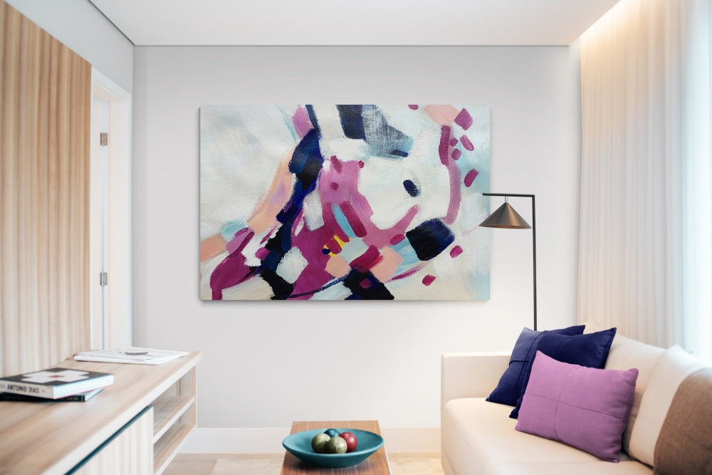 Abstract Oil Painting in Pink and Blue for Modern Home Decor