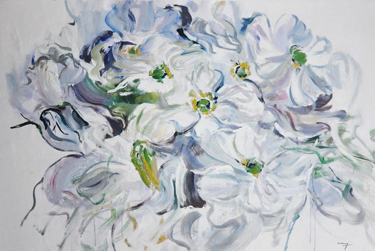 Serene White Blossoms: Elegant Floral Oil Painting for Home Décor