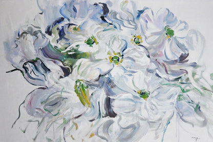 Serene White Blossoms: Elegant Floral Oil Painting for Home Décor