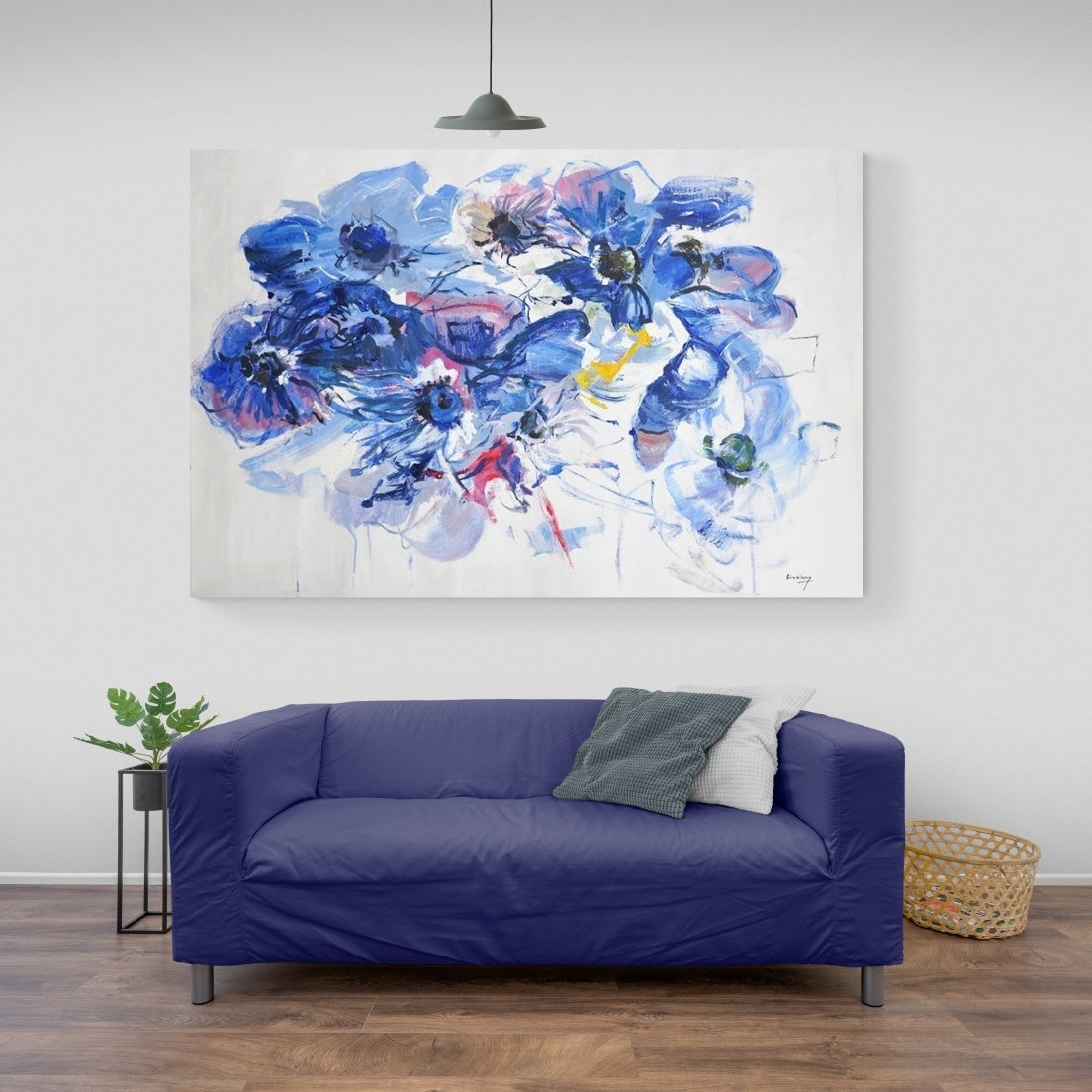 Vibrant Blue Floral Abstract Oil Painting for Elegant Home Decor