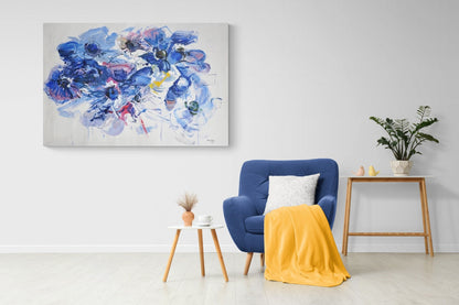 Vibrant Blue Floral Abstract Oil Painting for Elegant Home Decor