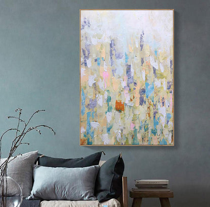 Vibrant Abstract Oil Painting of Colorful Blossoms in Serene Garden Landscape