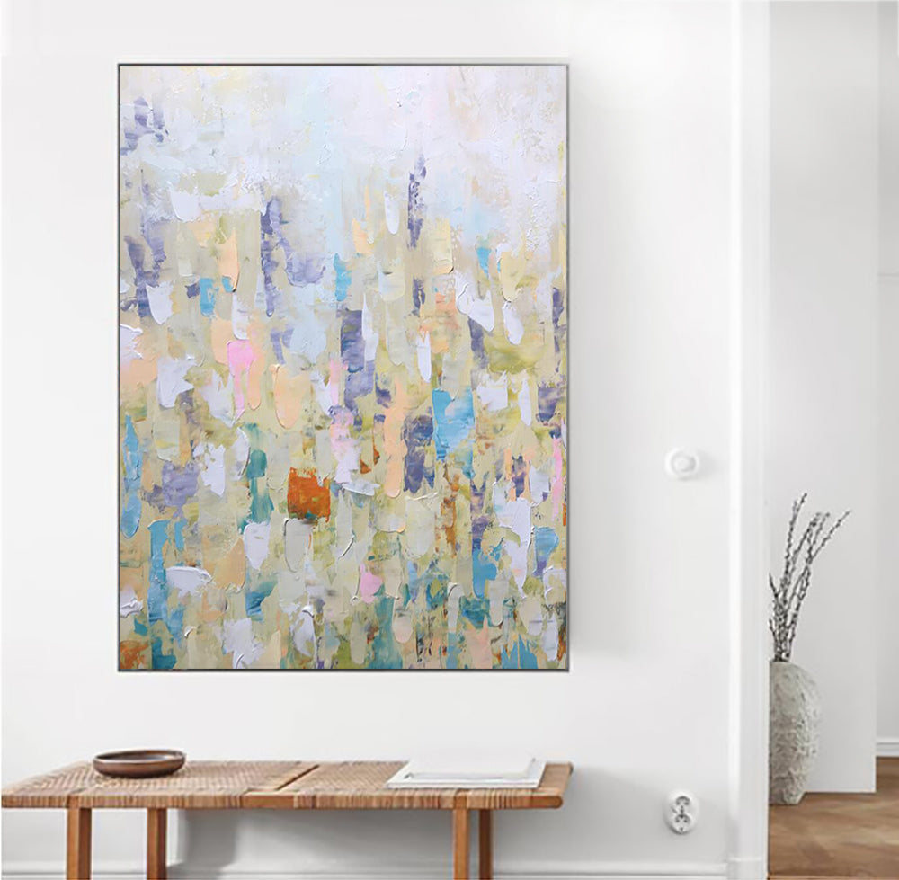 Vibrant Abstract Oil Painting of Colorful Blossoms in Serene Garden Landscape